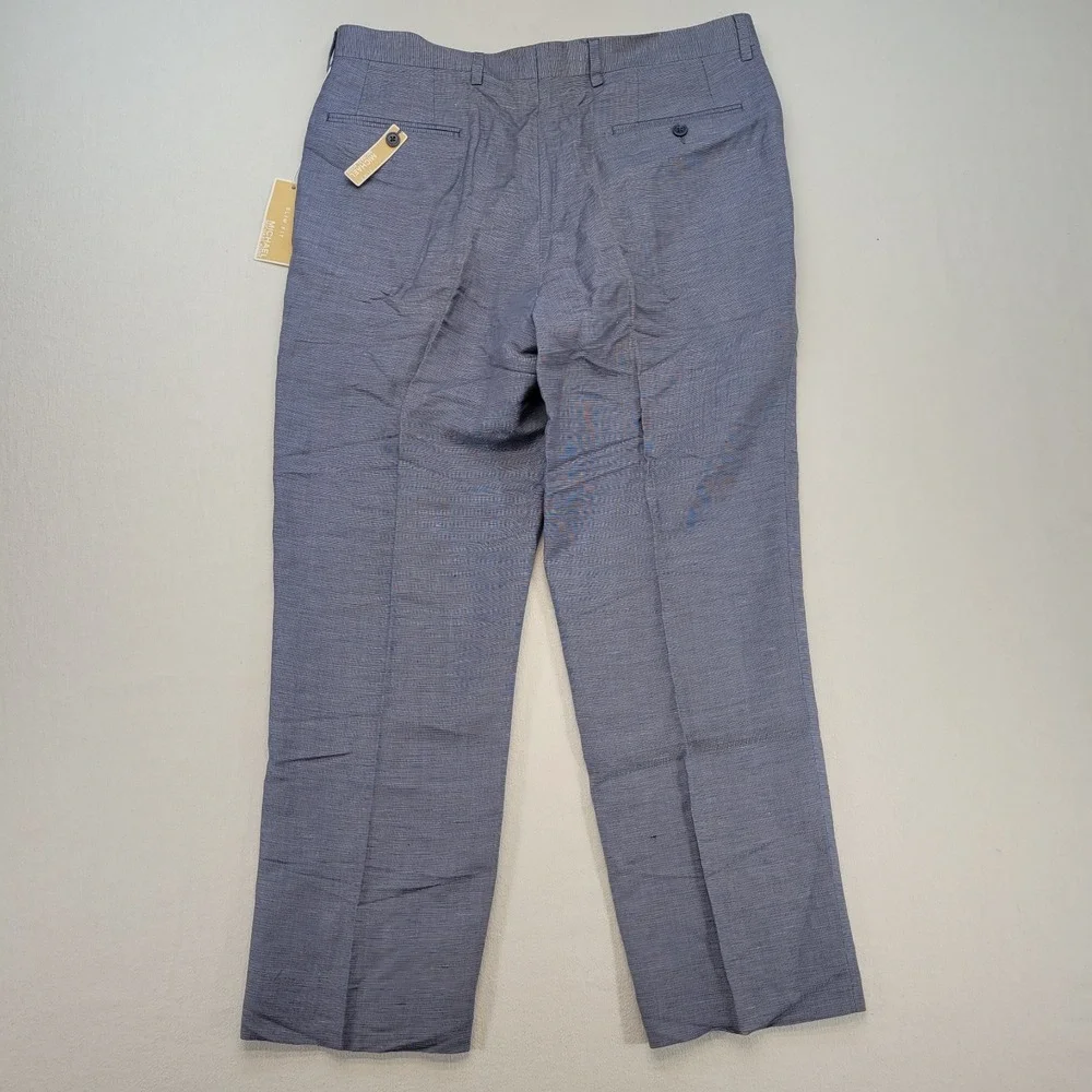 Michael Kors Pants Mens 34x28* Blue Linen Slim Fit Straight Leg Pleated Luxury